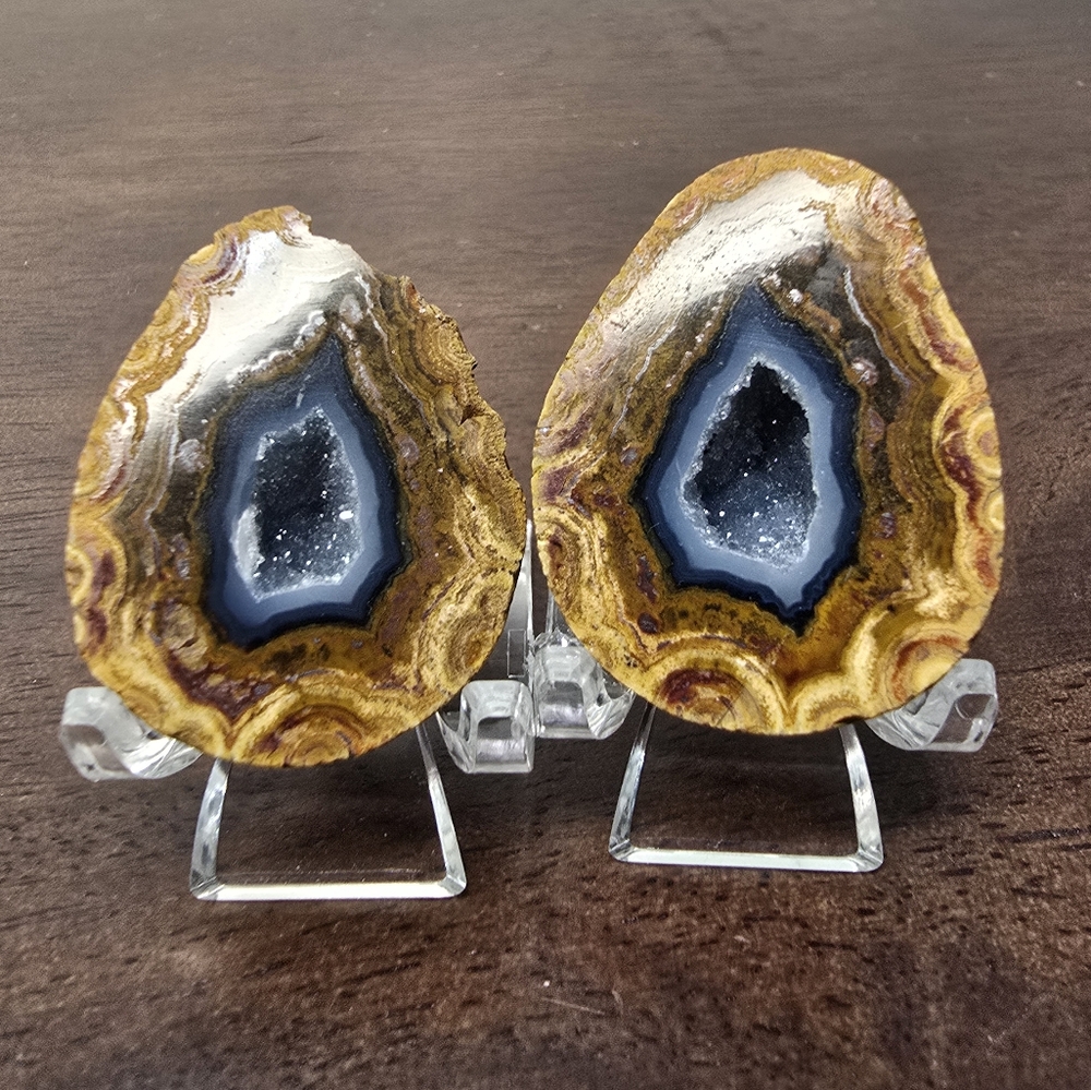 Natural Yellow and Blue Agate Geode Pair - Decorative Home Accent